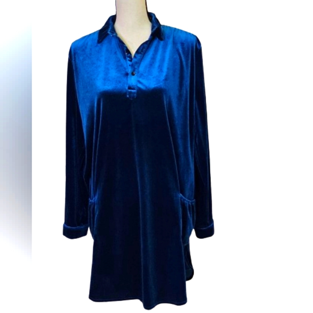 R. Vivimos Royal Blue Velvet Long Sleeve Mini Shirt Dress, Size XL (16/18),NWT